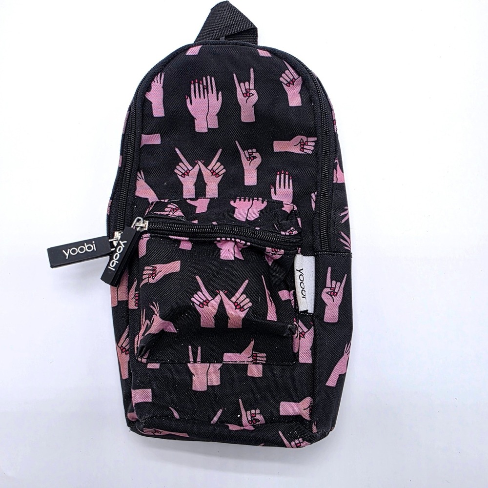 Yoobi Mini Backpack Pencil Case Black Pink Hand Gesture Print School Supplies